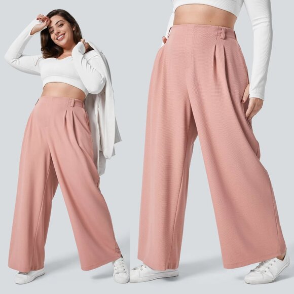 Halara Flex High Waisted Wide Leg Pocket Waffle Work Pants L Petite Rose Tan - Picture 2 of 15